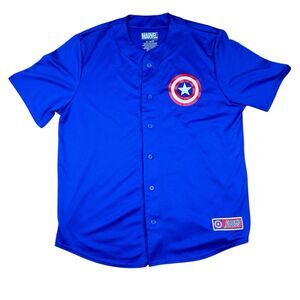 Marvel Captain America  Baseball Jersey Super Heroes Mens XL Blue Button Up